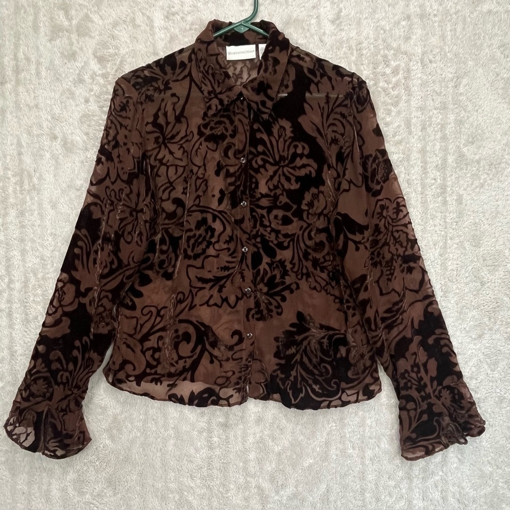 Vintage Brown Velvet Burnout Button Up Blouse Bell Sleeves Sz 12 Whimsigoth